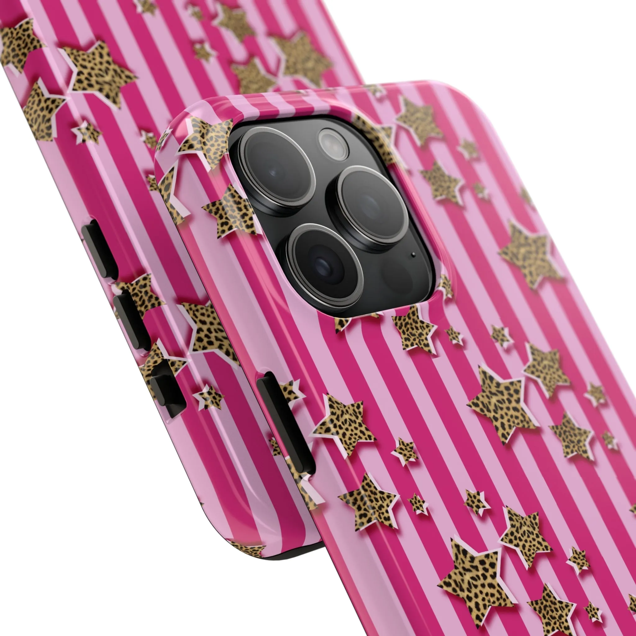 Girly Cheetah Stars and Pink Stripes Design Phone Case- Lightweight, Impact Resistant Cover for iPhone 6, 6s, 12, 13, 14, 15