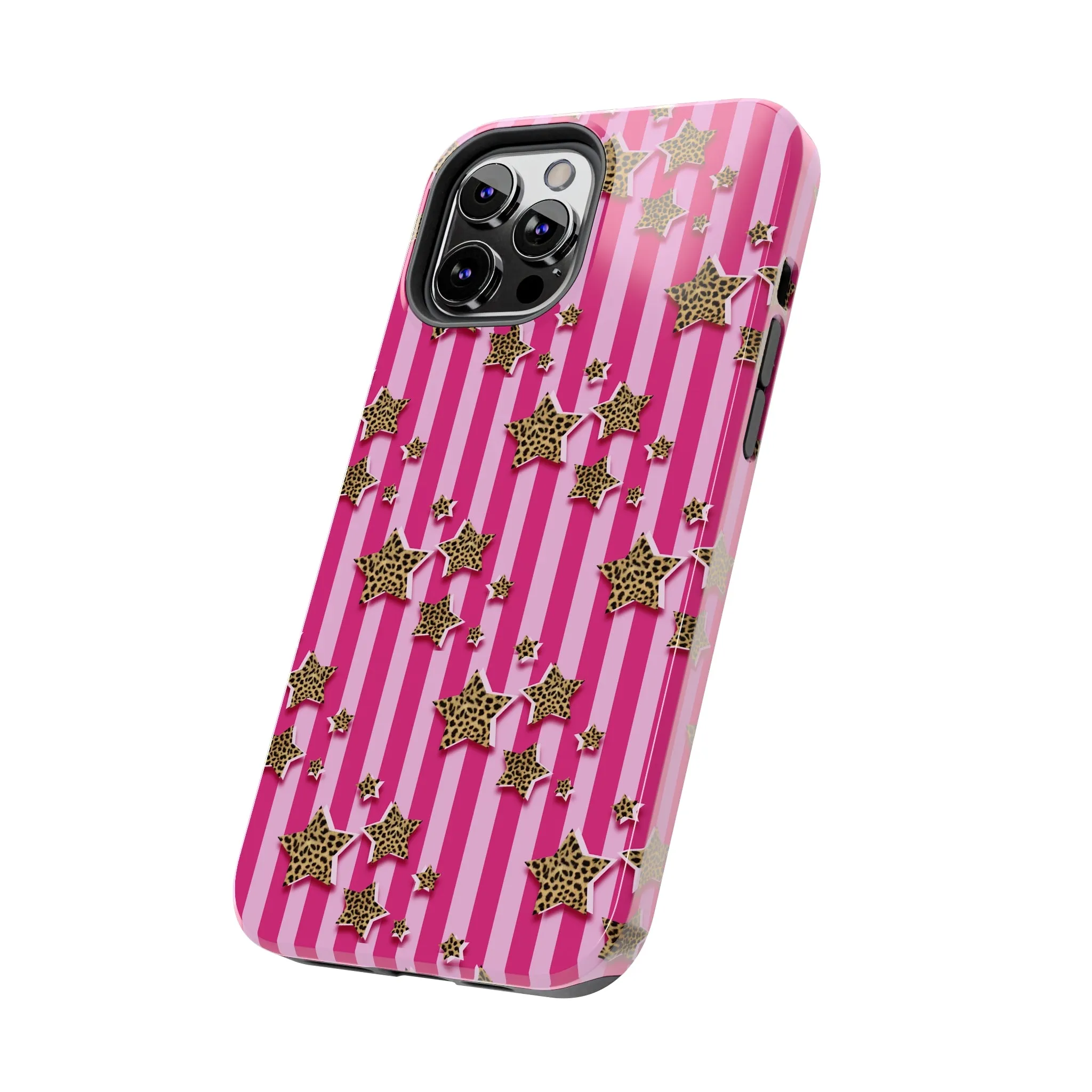 Girly Cheetah Stars and Pink Stripes Design Phone Case- Lightweight, Impact Resistant Cover for iPhone 6, 6s, 12, 13, 14, 15