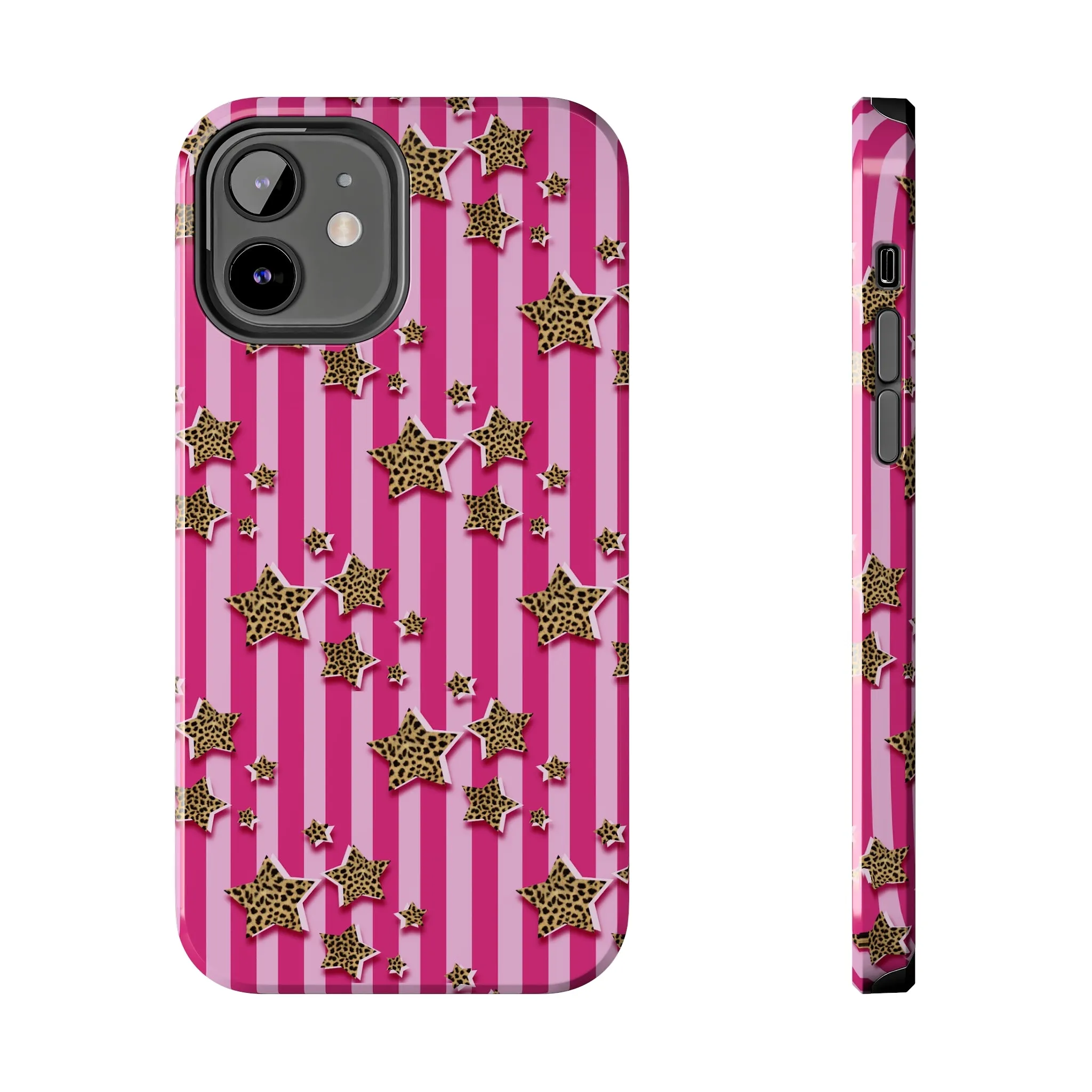 Girly Cheetah Stars and Pink Stripes Design Phone Case- Lightweight, Impact Resistant Cover for iPhone 6, 6s, 12, 13, 14, 15