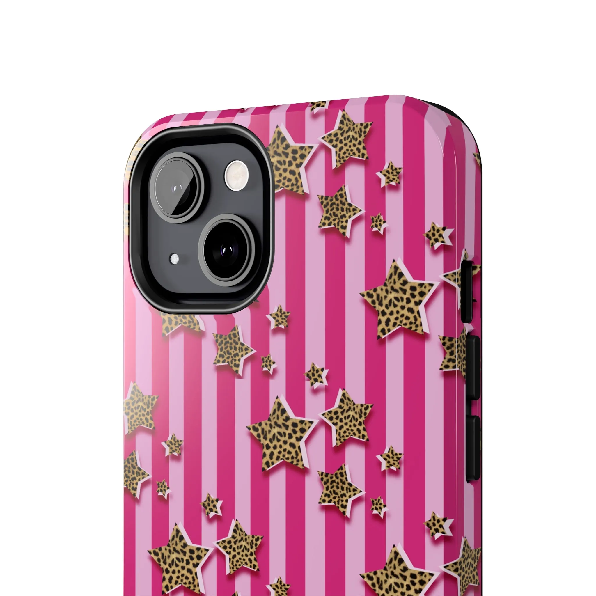 Girly Cheetah Stars and Pink Stripes Design Phone Case- Lightweight, Impact Resistant Cover for iPhone 6, 6s, 12, 13, 14, 15