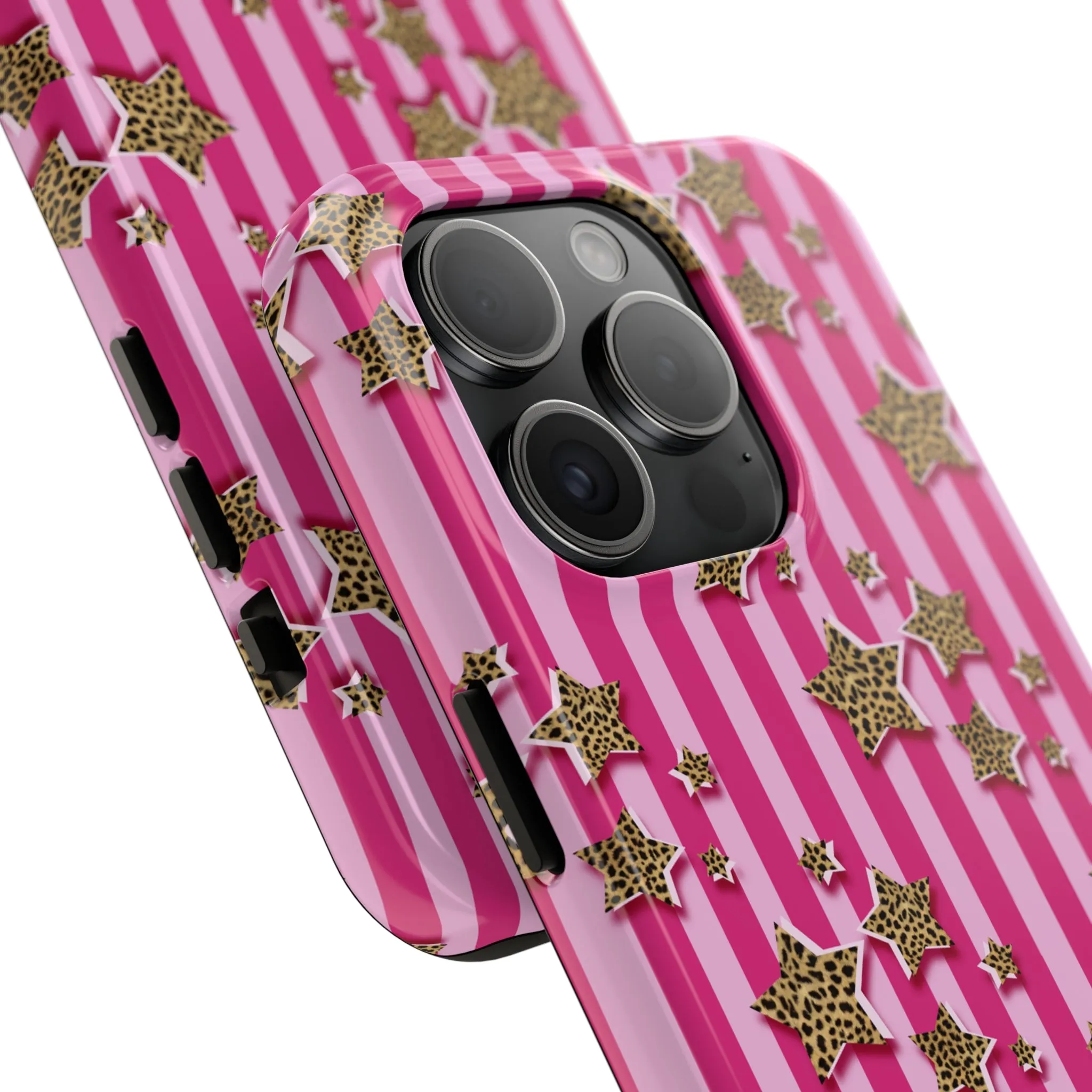 Girly Cheetah Stars and Pink Stripes Design Phone Case- Lightweight, Impact Resistant Cover for iPhone 6, 6s, 12, 13, 14, 15