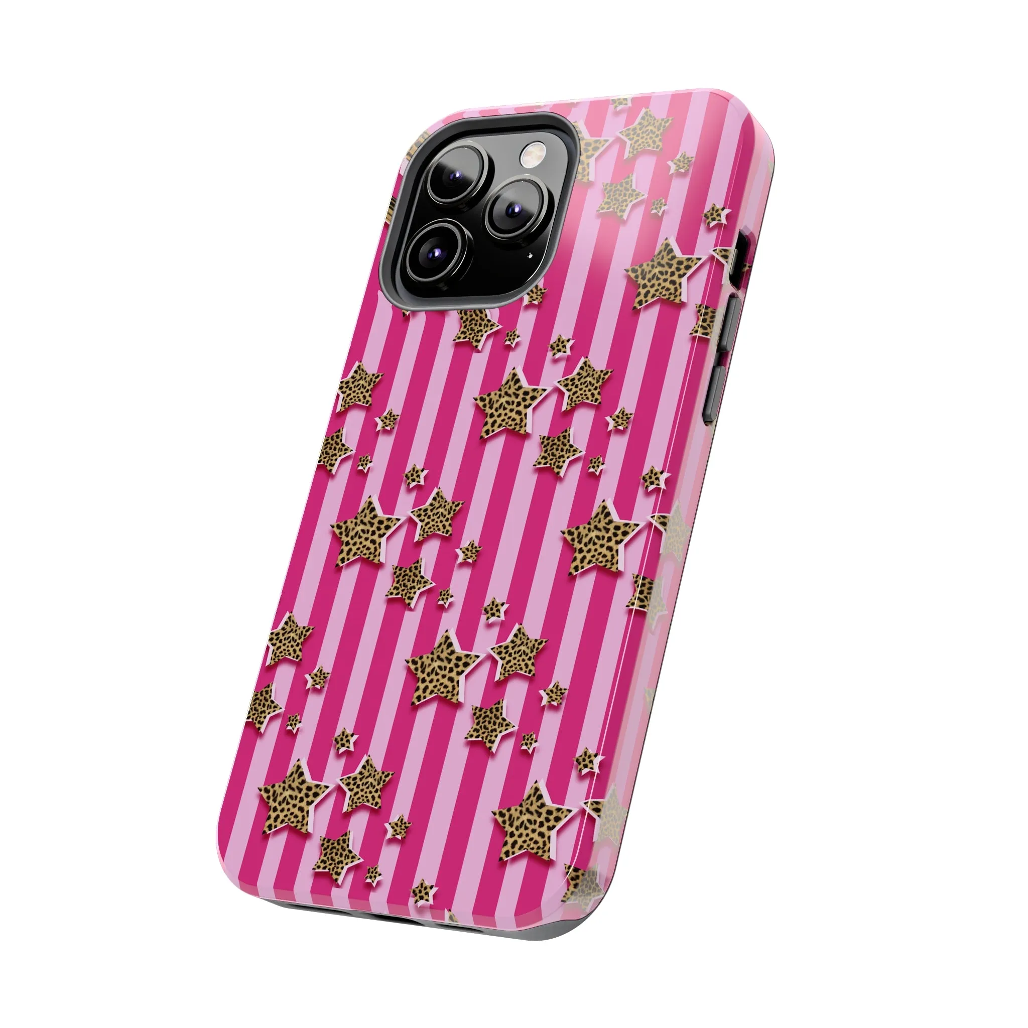 Girly Cheetah Stars and Pink Stripes Design Phone Case- Lightweight, Impact Resistant Cover for iPhone 6, 6s, 12, 13, 14, 15