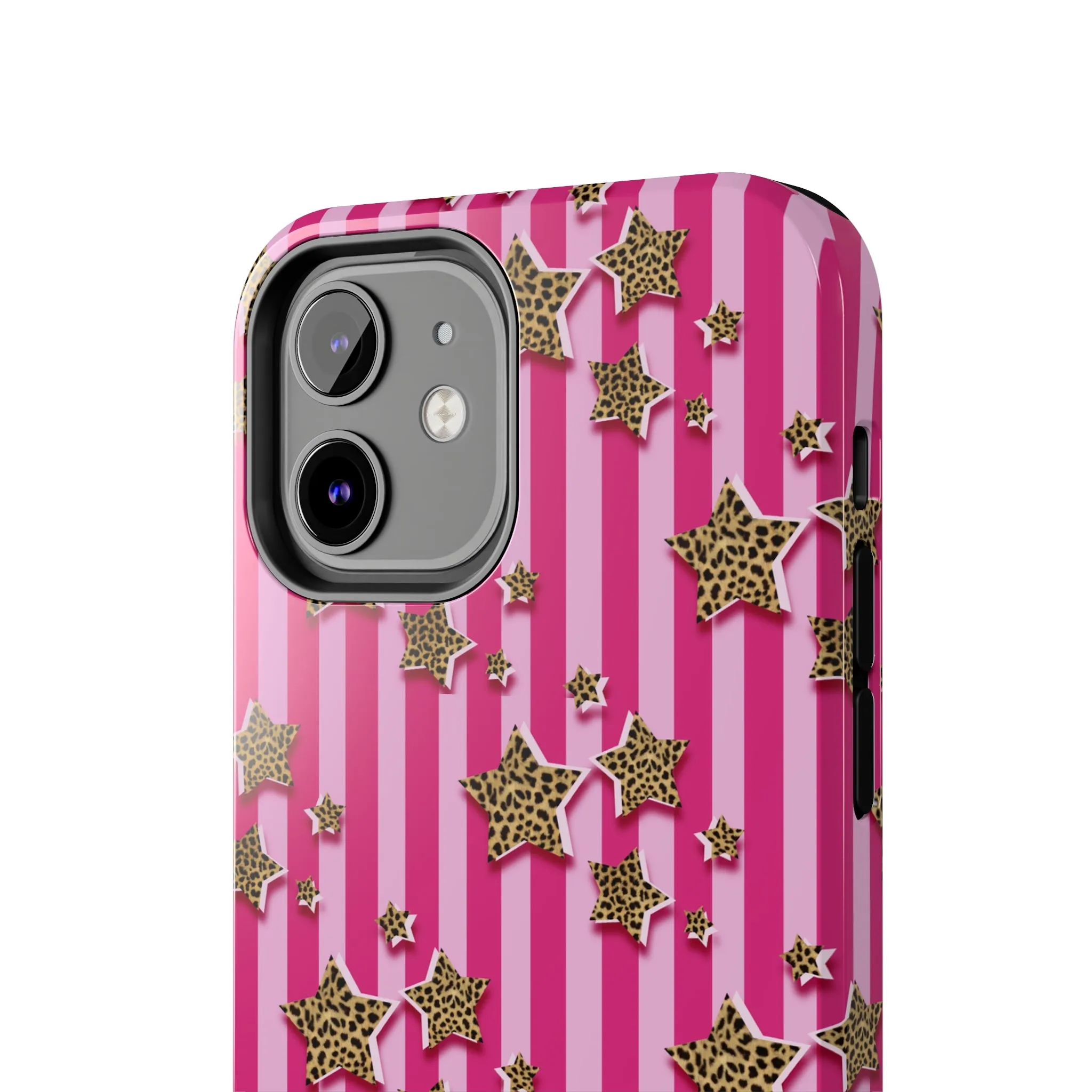 Girly Cheetah Stars and Pink Stripes Design Phone Case- Lightweight, Impact Resistant Cover for iPhone 6, 6s, 12, 13, 14, 15