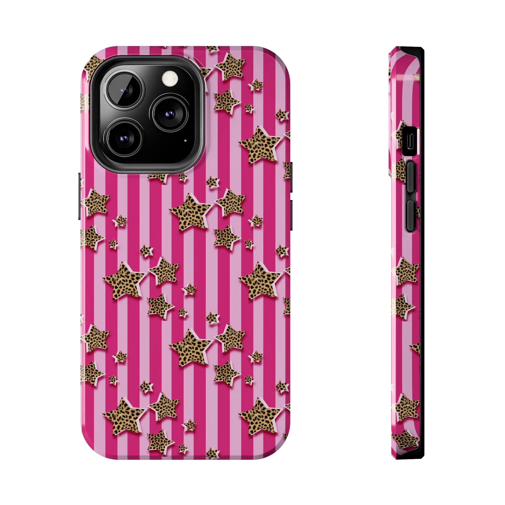 Girly Cheetah Stars and Pink Stripes Design Phone Case- Lightweight, Impact Resistant Cover for iPhone 6, 6s, 12, 13, 14, 15