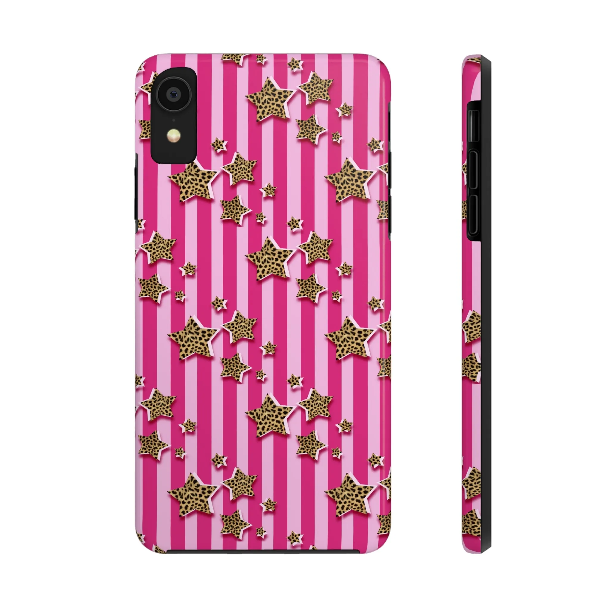 Girly Cheetah Stars and Pink Stripes Design Phone Case- Lightweight, Impact Resistant Cover for iPhone 6, 6s, 12, 13, 14, 15