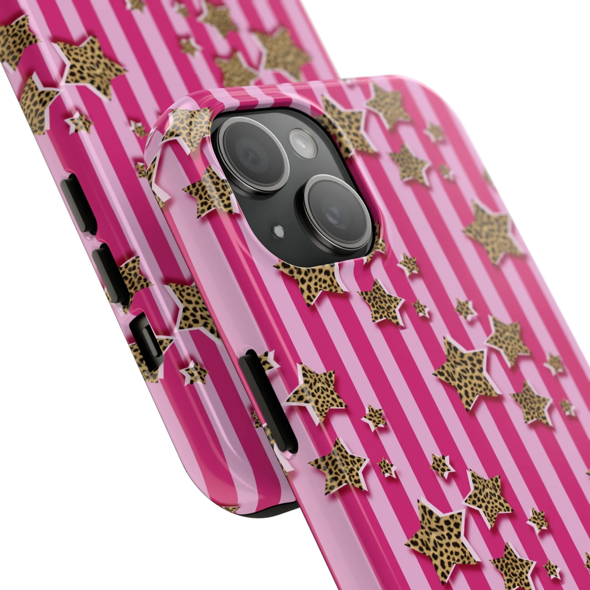 Girly Cheetah Stars and Pink Stripes Design Phone Case- Lightweight, Impact Resistant Cover for iPhone 6, 6s, 12, 13, 14, 15