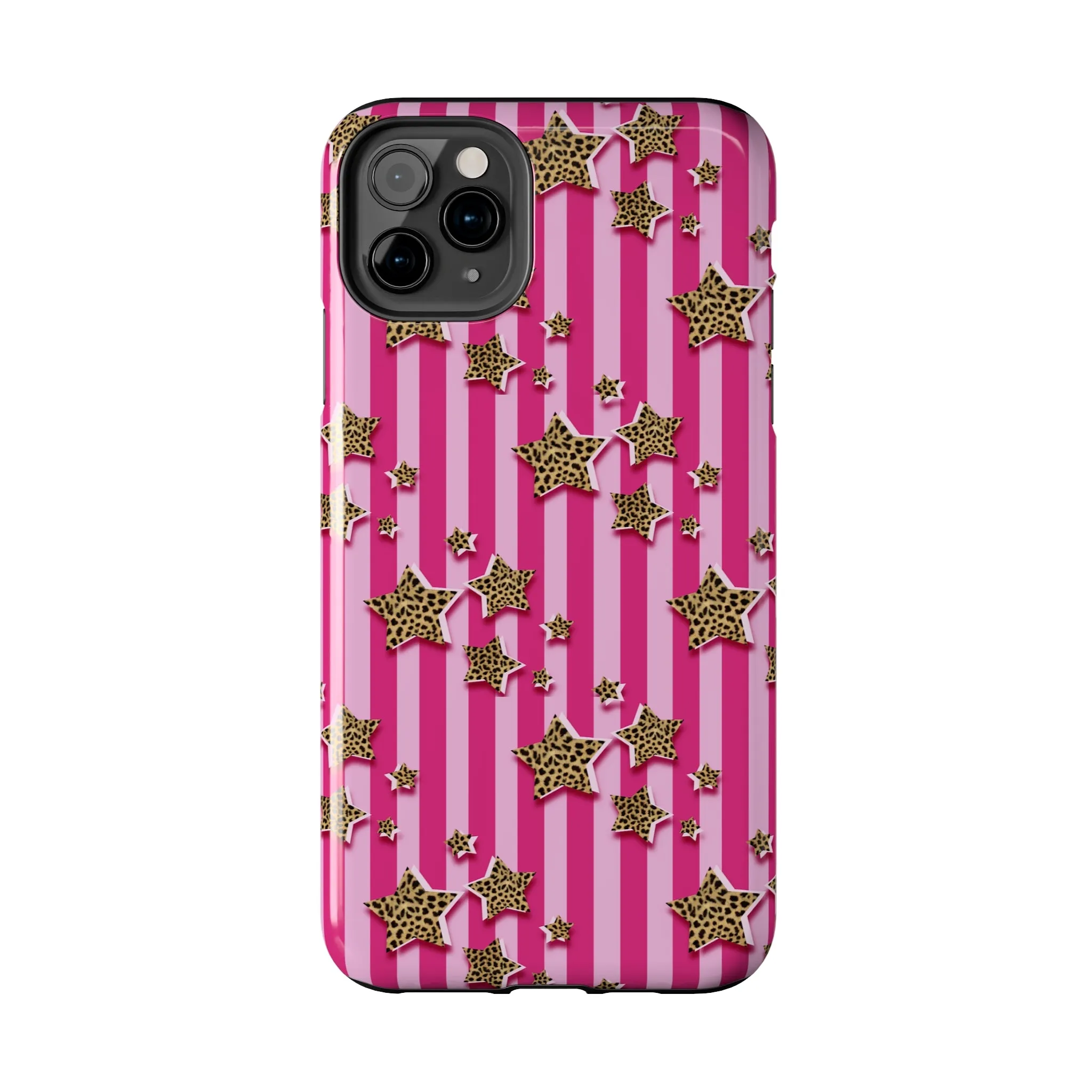 Girly Cheetah Stars and Pink Stripes Design Phone Case- Lightweight, Impact Resistant Cover for iPhone 6, 6s, 12, 13, 14, 15