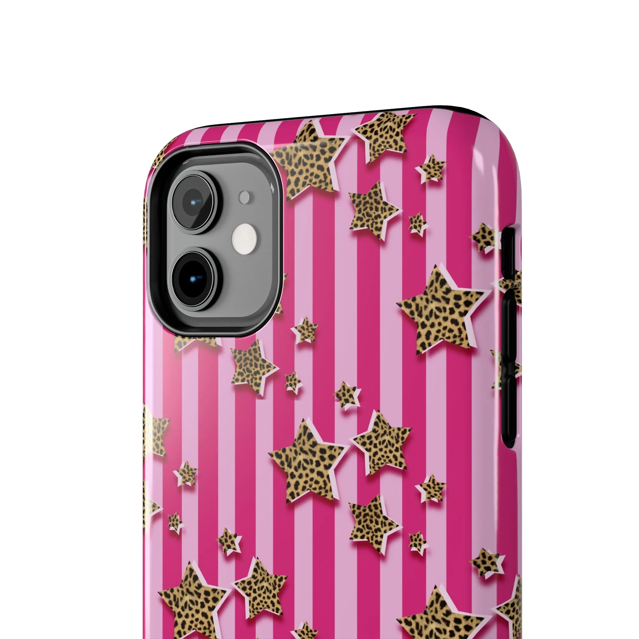 Girly Cheetah Stars and Pink Stripes Design Phone Case- Lightweight, Impact Resistant Cover for iPhone 6, 6s, 12, 13, 14, 15