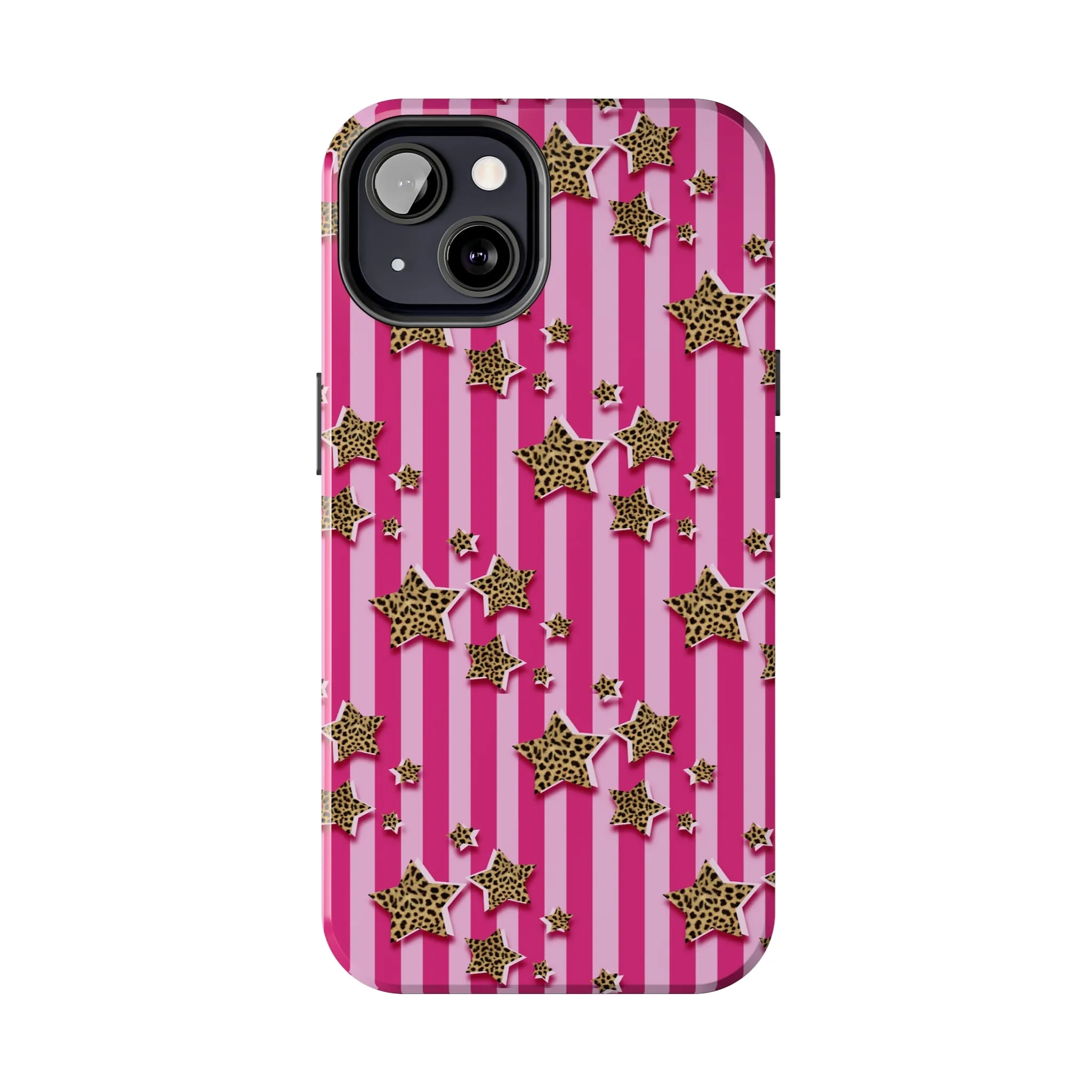 Girly Cheetah Stars and Pink Stripes Design Phone Case- Lightweight, Impact Resistant Cover for iPhone 6, 6s, 12, 13, 14, 15