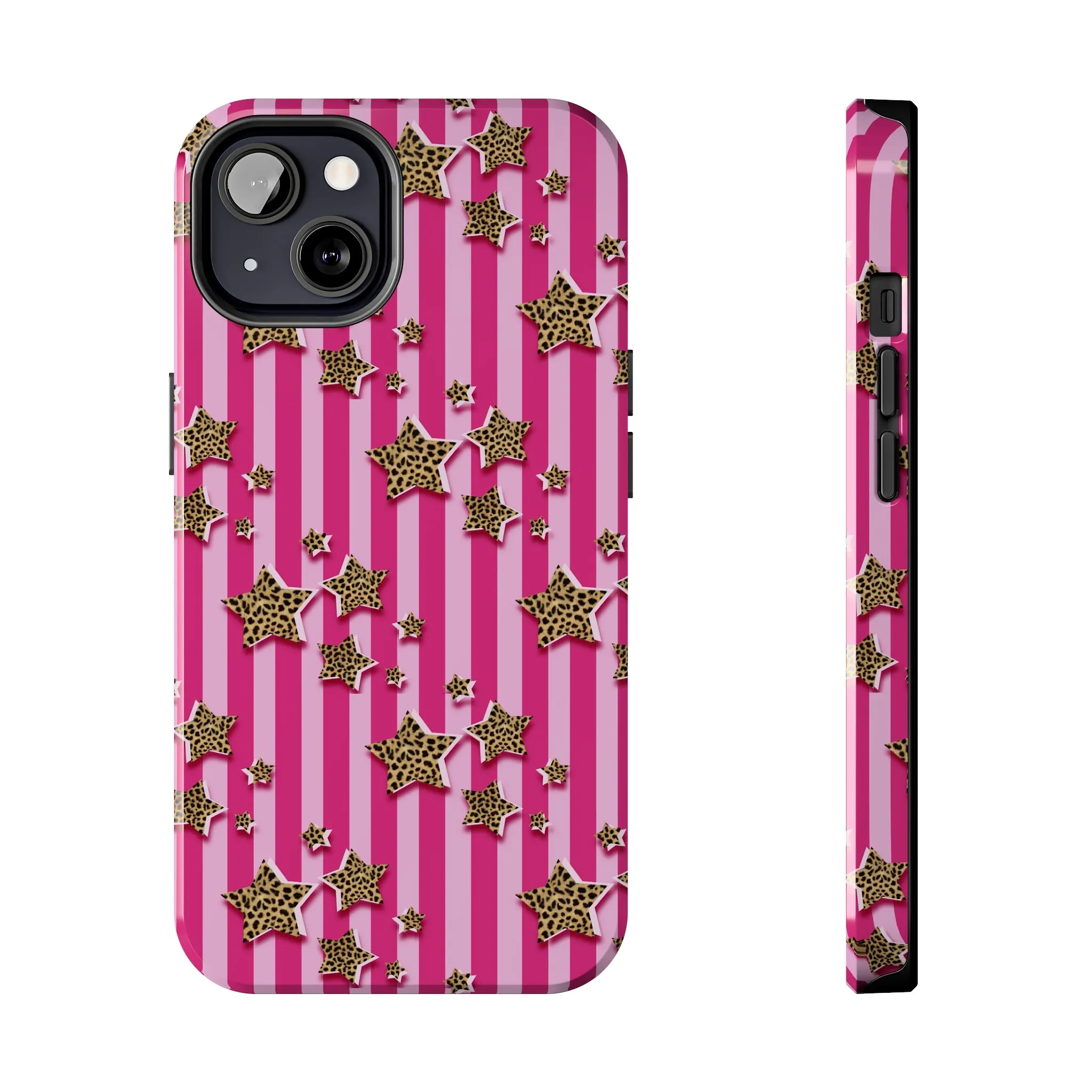 Girly Cheetah Stars and Pink Stripes Design Phone Case- Lightweight, Impact Resistant Cover for iPhone 6, 6s, 12, 13, 14, 15