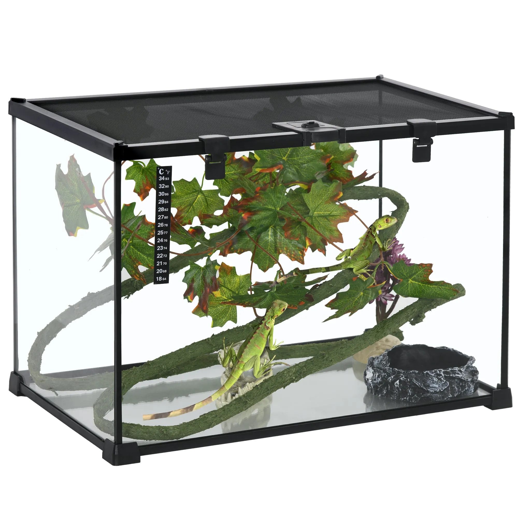 Glass Reptile Terrarium with Thermometer, Decor Kit, Heated - Black