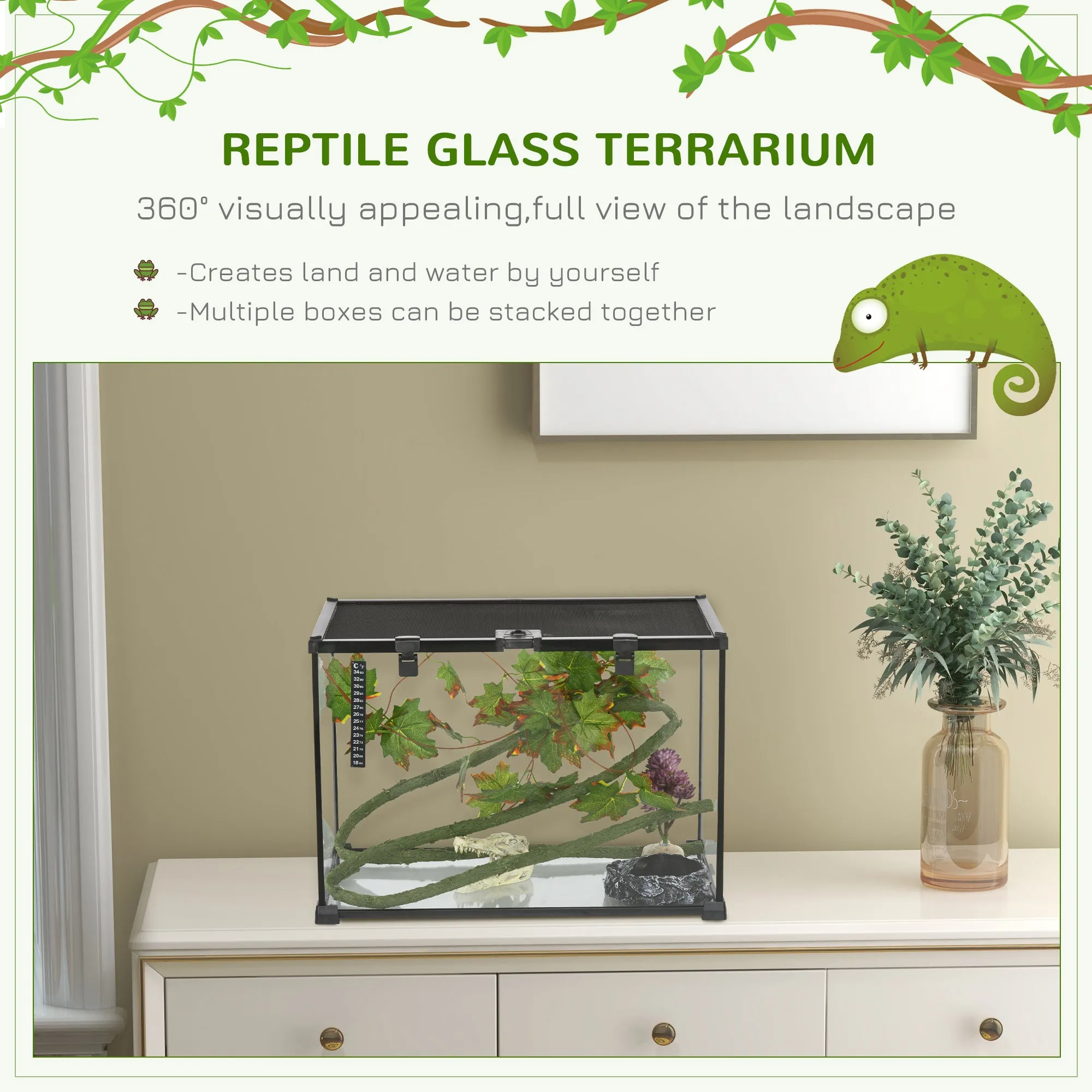 Glass Reptile Terrarium with Thermometer, Decor Kit, Heated - Black