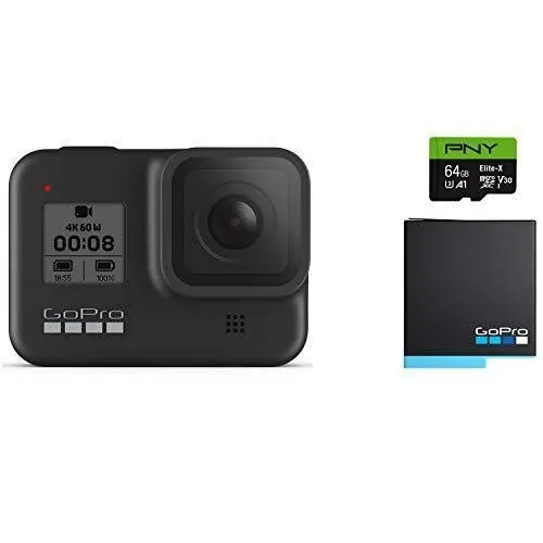 GoPro HERO8 Black Waterproof Action Camera with Touch Screen 4K Ultra HD Video 12MP Photos 1080p Live with Accessory Bundle - 1 Additional GoPro USA Batteries   PNY 64GB U3 microSDHC Card