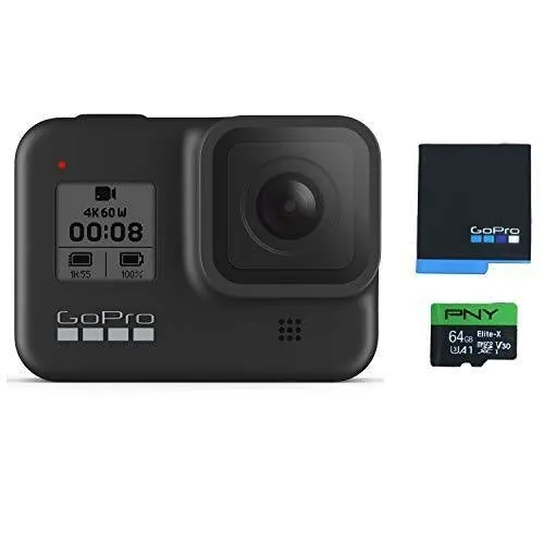 GoPro HERO8 Black Waterproof Action Camera with Touch Screen 4K Ultra HD Video 12MP Photos 1080p Live with Accessory Bundle - 1 Additional GoPro USA Batteries   PNY 64GB U3 microSDHC Card