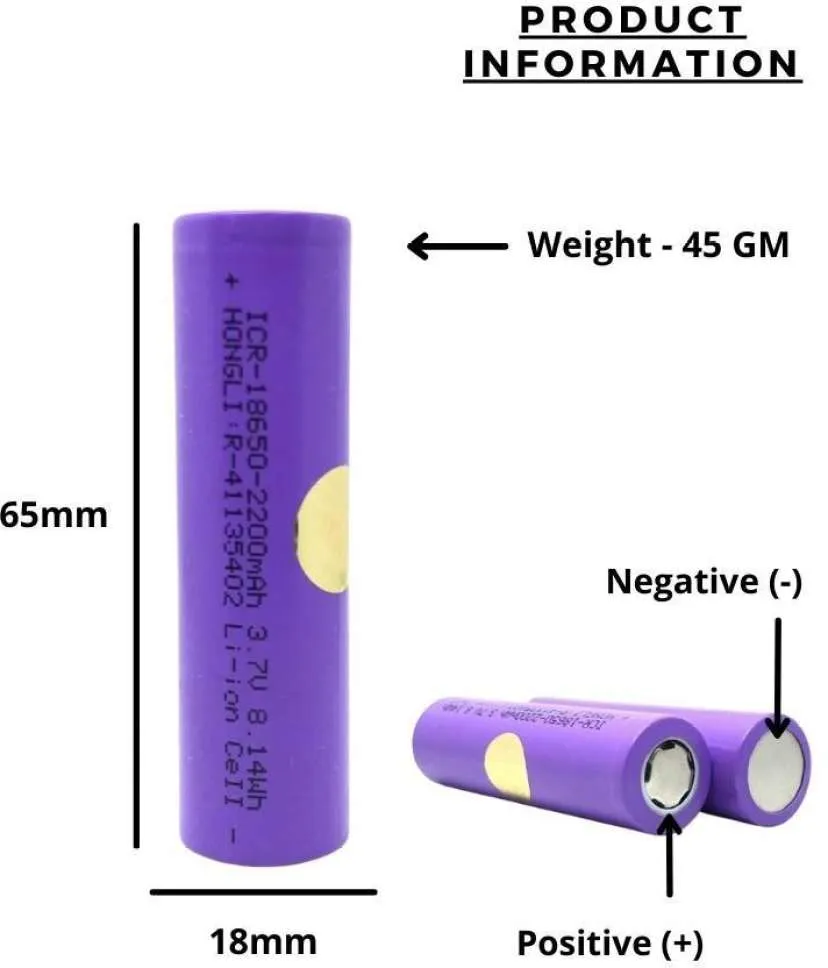 Hongli 2200mAh 18650 Rechargeable Lithium ion Battery, 3.7 V 8.14Wh Li-Ion Cell