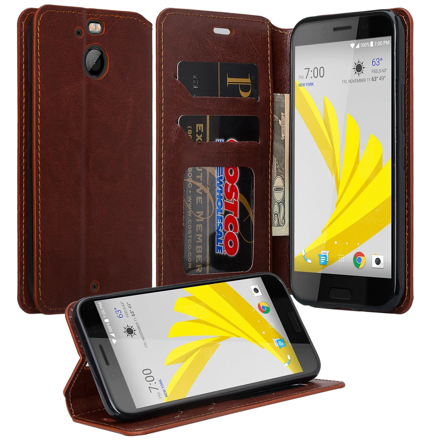 HTC Bolt Case, HTC Bolt Wallet Case, Slim Flip Folio [Kickstand] Pu Leather Wallet Case with ID & Credit Card Slots - Brown