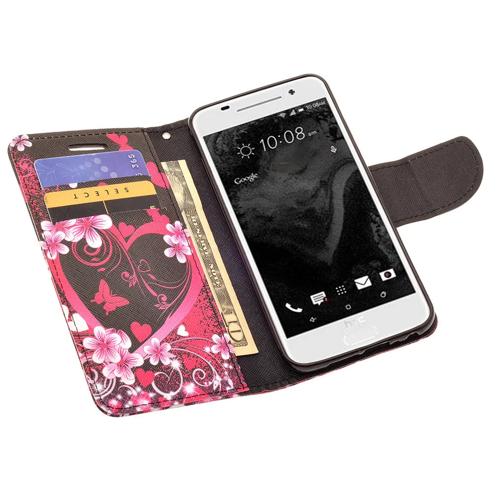 HTC One A9 Case, Wrist Strap Magnetic Fold[Kickstand] Pu Leather Wallet Case with ID & Credit Card Slots for HTC One A9 - Heart Butterflies