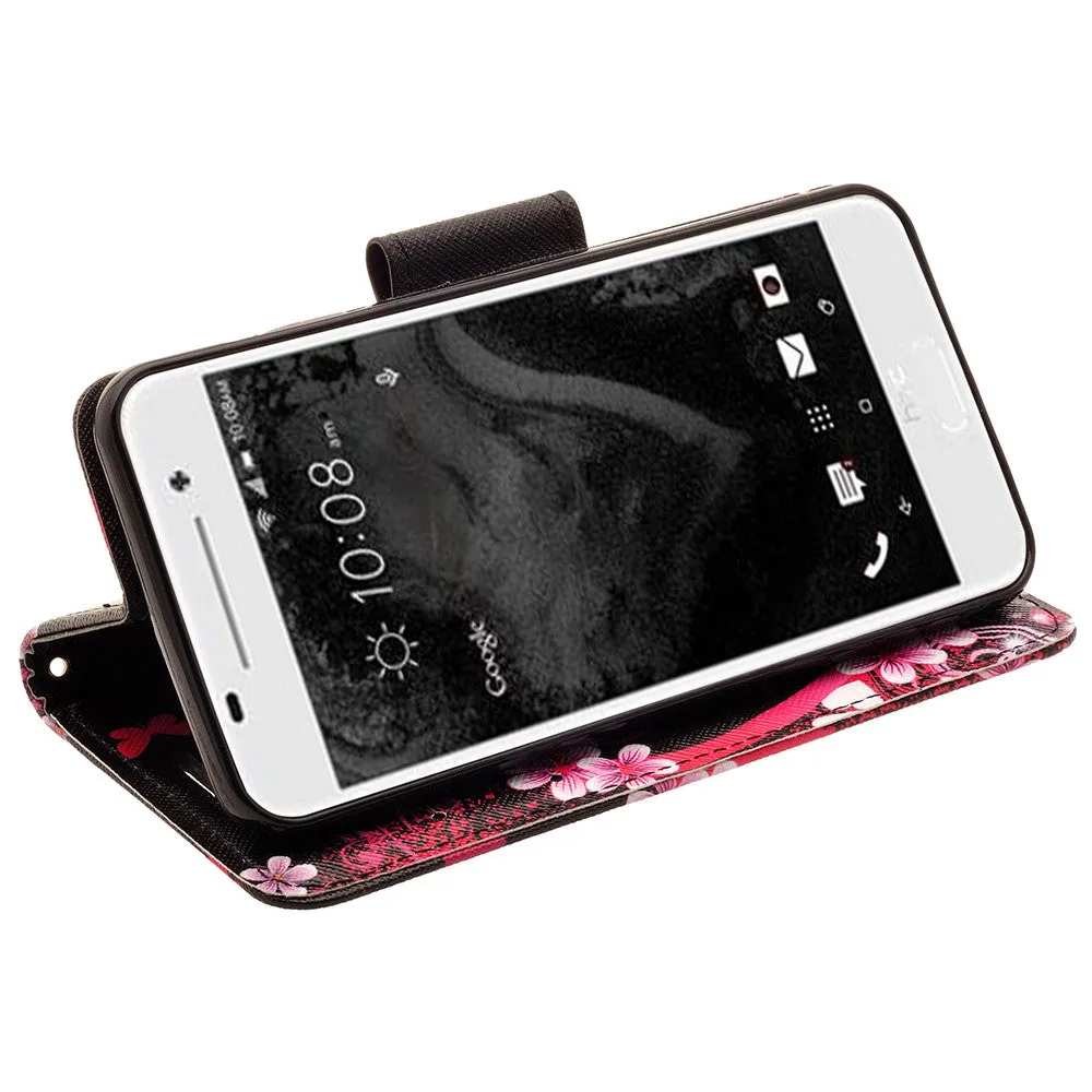 HTC One A9 Case, Wrist Strap Magnetic Fold[Kickstand] Pu Leather Wallet Case with ID & Credit Card Slots for HTC One A9 - Heart Butterflies