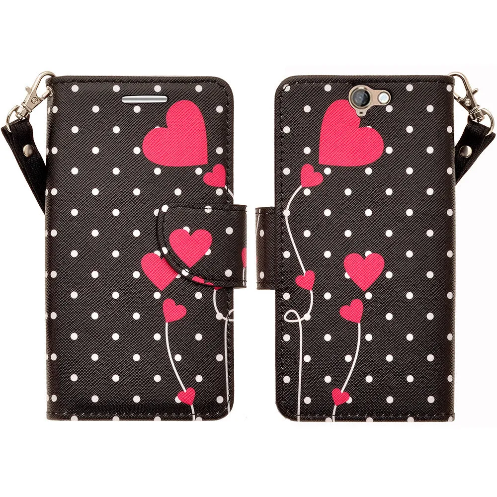 HTC One A9 Case, Wrist Strap Magnetic Fold[Kickstand] Pu Leather Wallet Case with ID & Credit Card Slots for HTC One A9 - Polka Dot Hearts