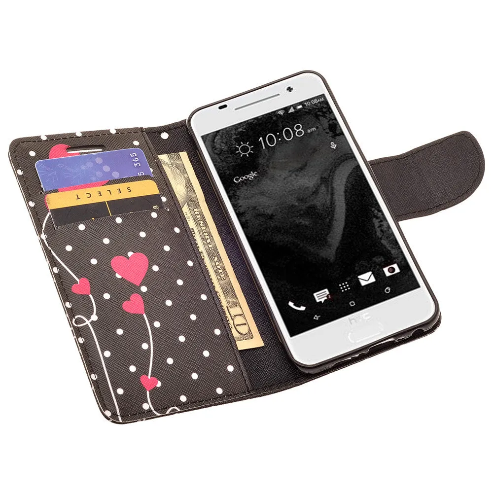 HTC One A9 Case, Wrist Strap Magnetic Fold[Kickstand] Pu Leather Wallet Case with ID & Credit Card Slots for HTC One A9 - Polka Dot Hearts