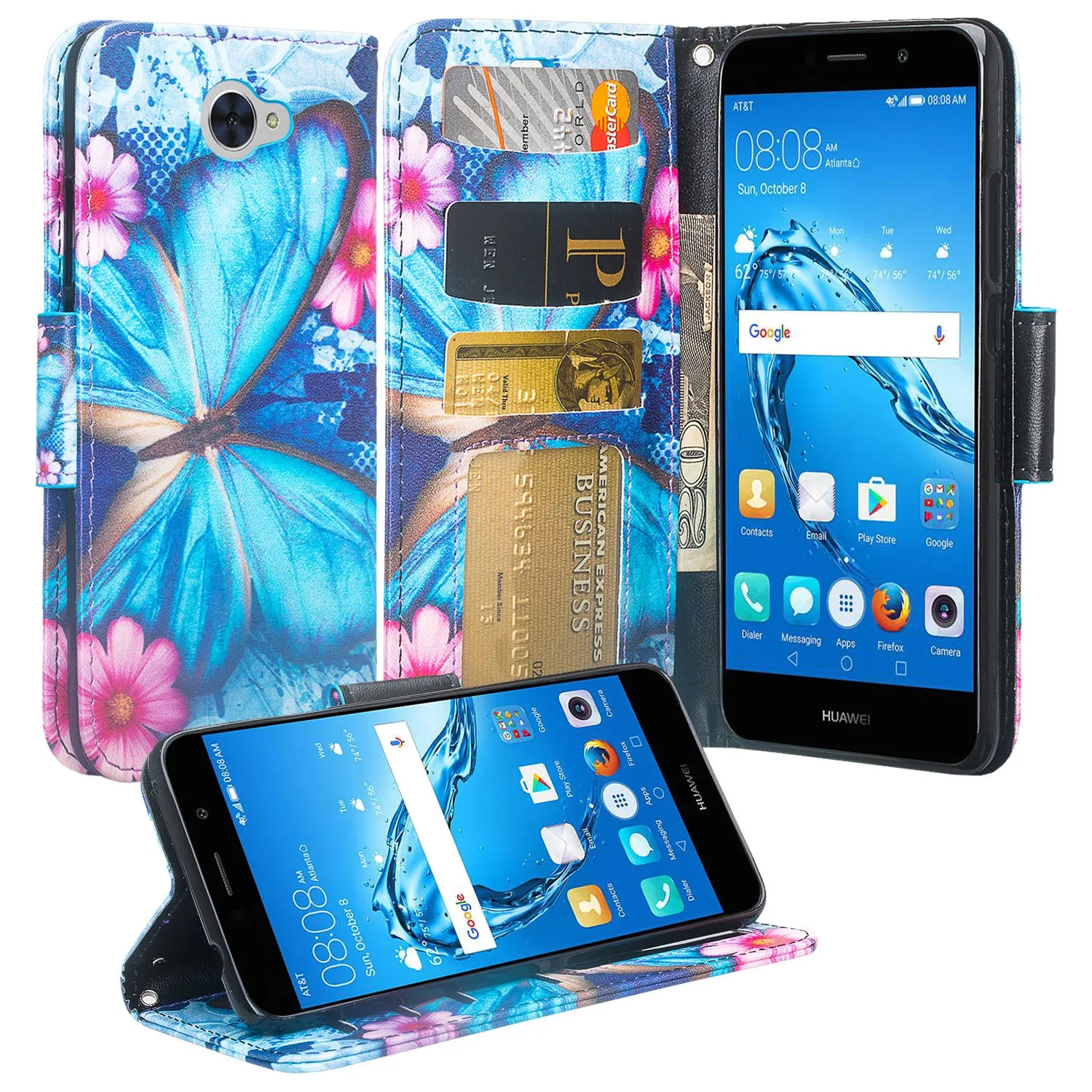 Huawei Ascend XT 2 Case, Elate 4G Case, H1711 Case, Slim Flip Fold [Kickstand] Pu Leather Wallet Cover with Card Slots & Pocket   Wrist Strap - Blue Butterfly