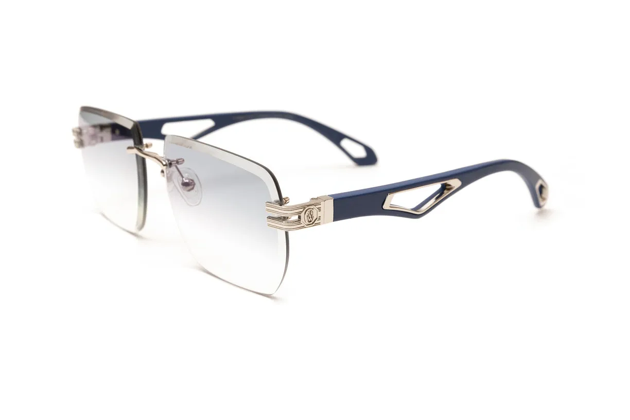 INFAMOUS Silver & Blue Wood Rimless Sunglasses, Gradient Grey Lenses