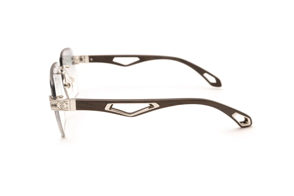 INFAMOUS Silver & Dark Brown Wood Rimless Sunglasses, Gradient Grey Lenses