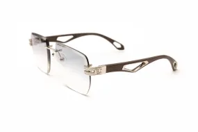 INFAMOUS Silver & Dark Brown Wood Rimless Sunglasses, Gradient Grey Lenses