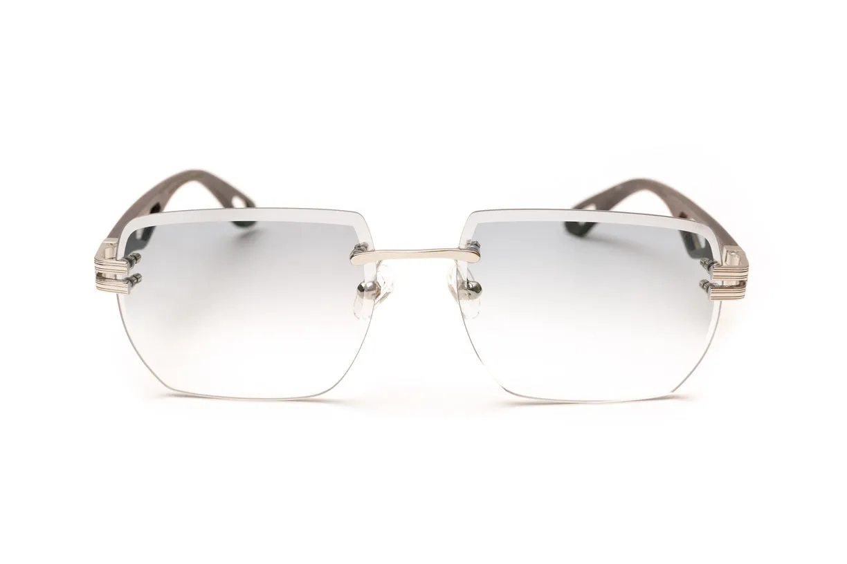 INFAMOUS Silver & Dark Brown Wood Rimless Sunglasses, Gradient Grey Lenses