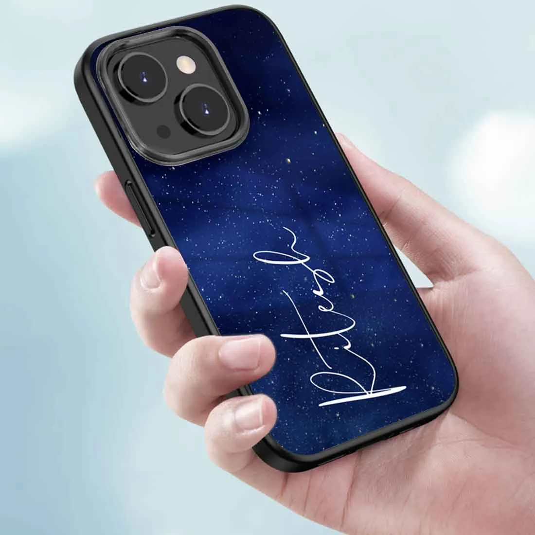 iPhone 13 Customized Cover Navy Blue Mobile Cover With Calligraphy Name - Stars