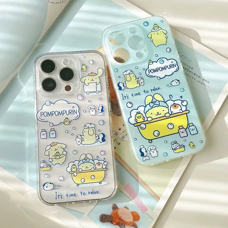 Japanese Cartoon Pompompurin Bathing Matt Blue iPhone Case 15 Pro Promax