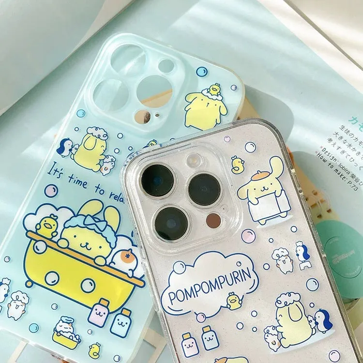 Japanese Cartoon Pompompurin Bathing Matt Blue iPhone Case 15 Pro Promax