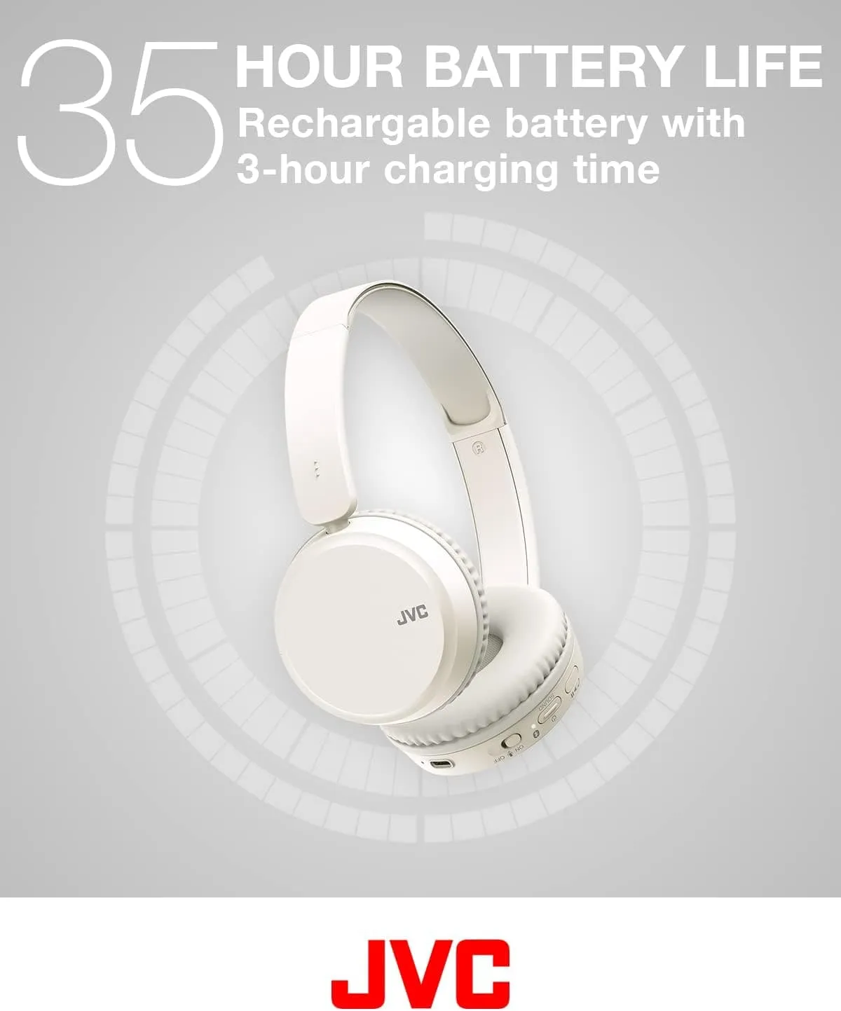 JVC HA-Z37W-W Wireless Bluetooth On-Ear Headphones - 35-Hour Battery, White