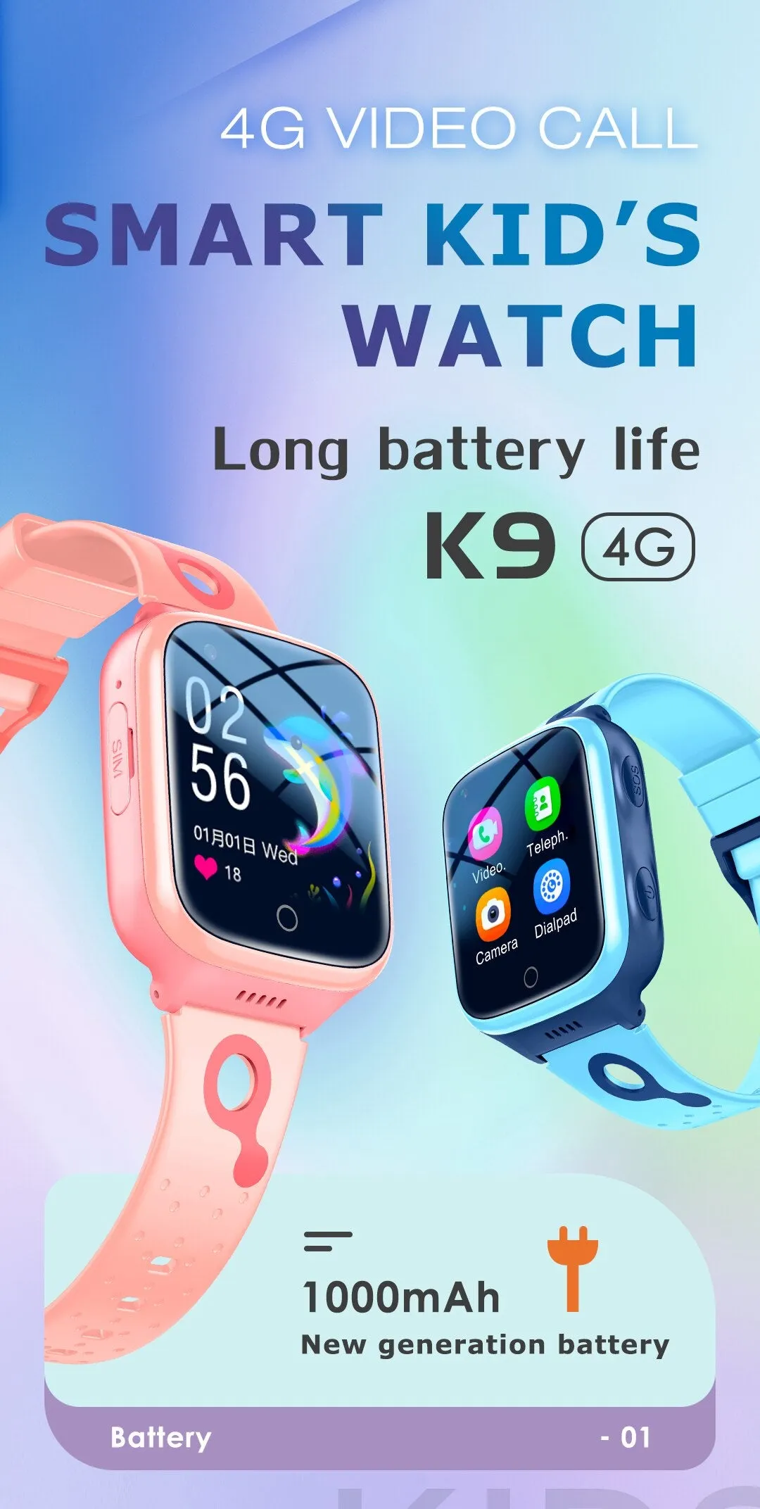 Kids 4G Smart Watch 1000mAh, SOS, GPS Location, Video Call, Wi-Fi Sim Card, IP67 Waterproof For Children