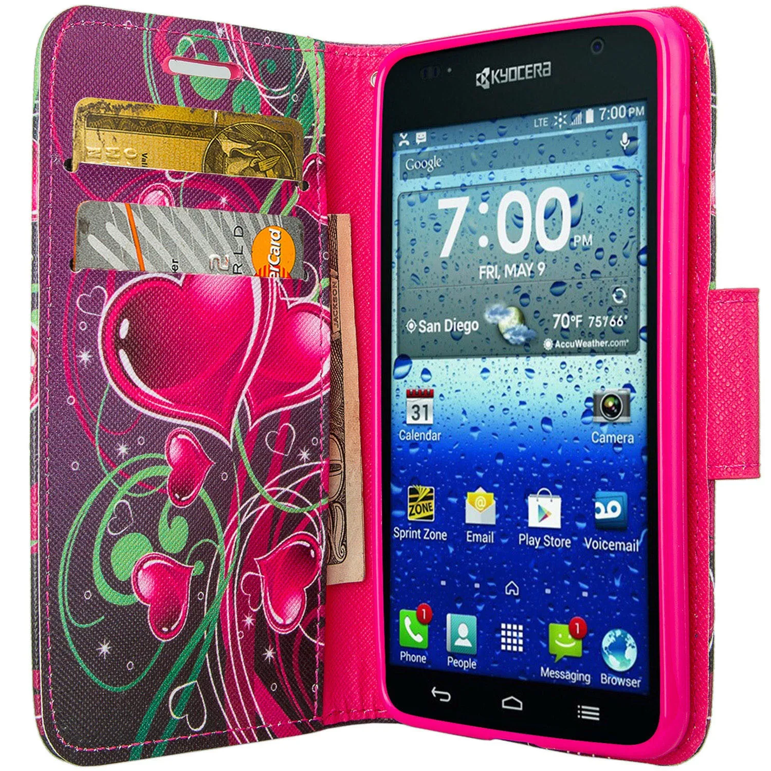 Kyocera Hydro View Wallet Case, Wrist Strap Pu Leather Magnetic Flip Fold[Kickstand] with ID & Card Slots for Kyocera Hydro View - Heart Strings