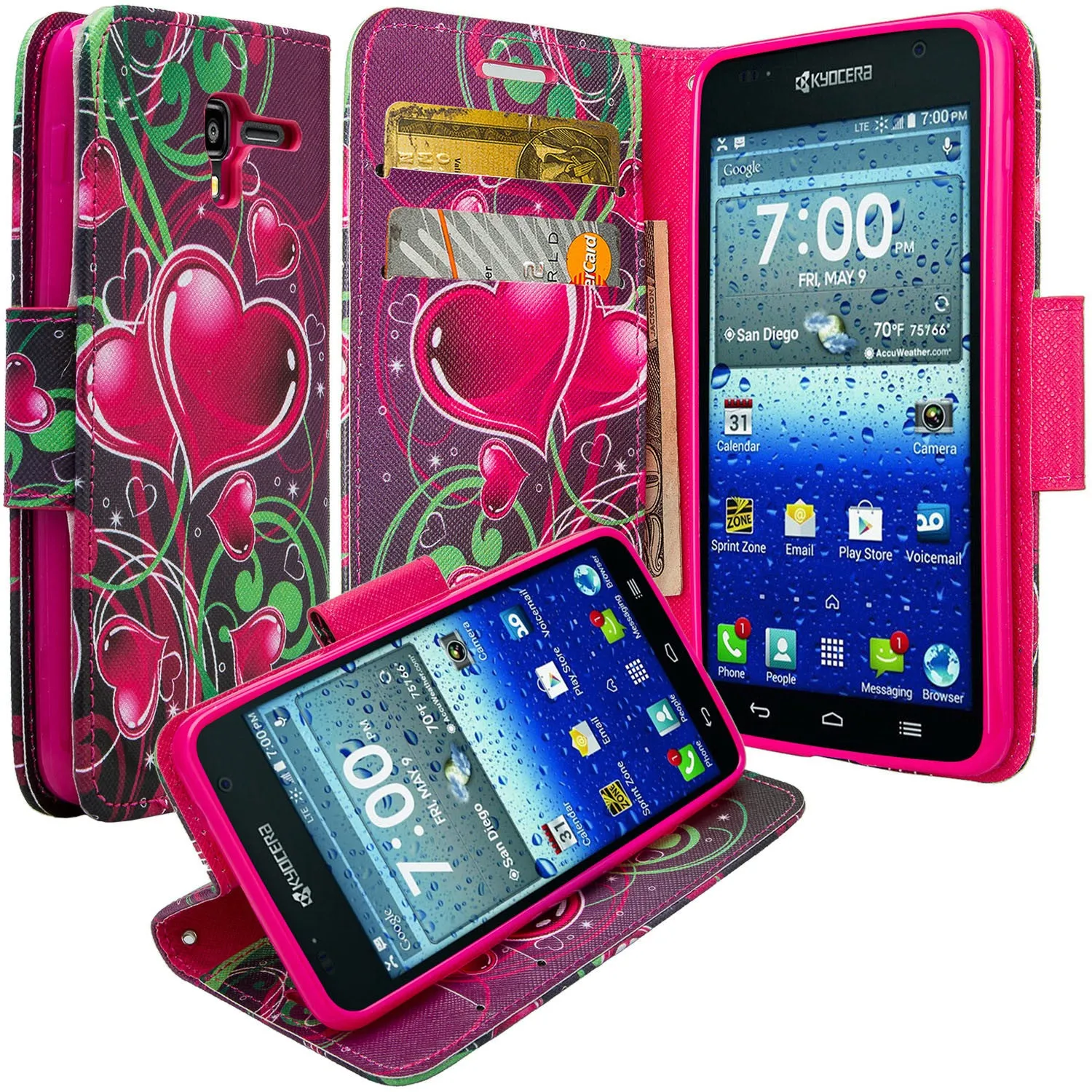 Kyocera Hydro View Wallet Case, Wrist Strap Pu Leather Magnetic Flip Fold[Kickstand] with ID & Card Slots for Kyocera Hydro View - Heart Strings