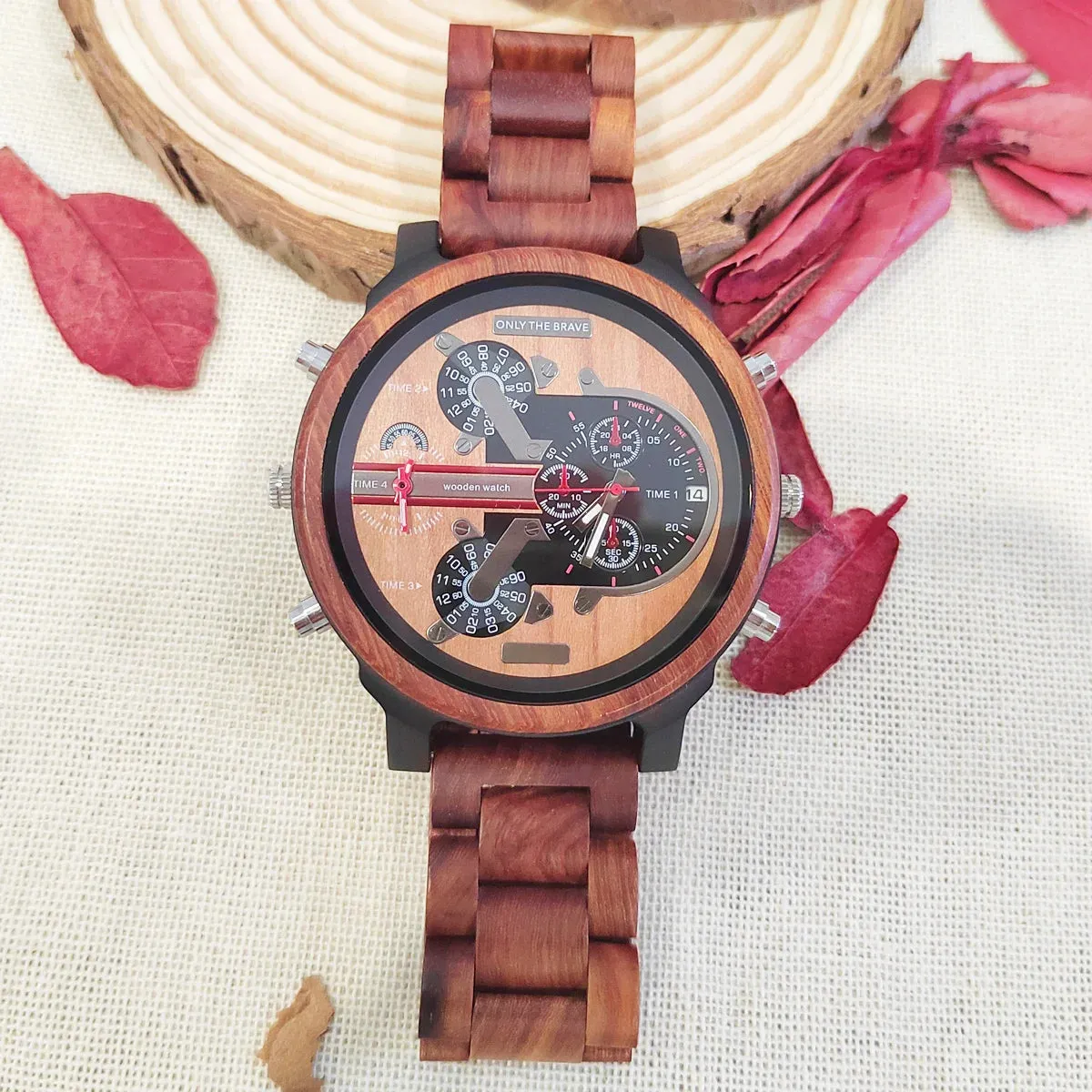 Large Dial Fashion Timepieces Chronograph Wooden Quartz Wrist Viking Watch