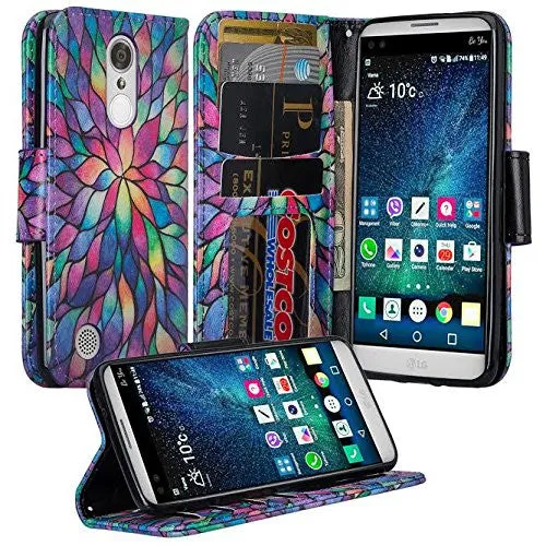 LG Aristo Case, K4 2017, K8 2017, Risio 2, Phoenix 3, Fortune, Wrist Strap Magnetic Fold[Kickstand] Pu Leather Wallet Case Cover with Card Slots - Rainbow Flower