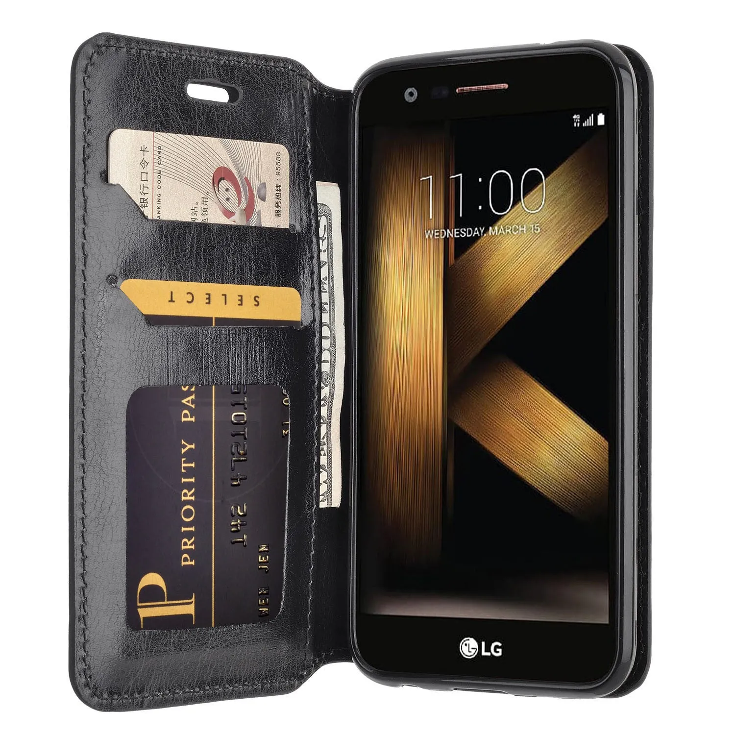 LG K20 Plus Case, LG K20 V, K10 2017 Slim Magnetic Flip Fold[Kickstand] Pu Leather Wallet Case with ID & Credit Card Slots for K20 Plus/K20 V - Black