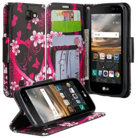 LG K3 Case,  Wrist Strap Pu Leather Magnetic Flip Fold[Kickstand] Wallet Case with ID & Card Slots for LG K3 - Heart Butterflies