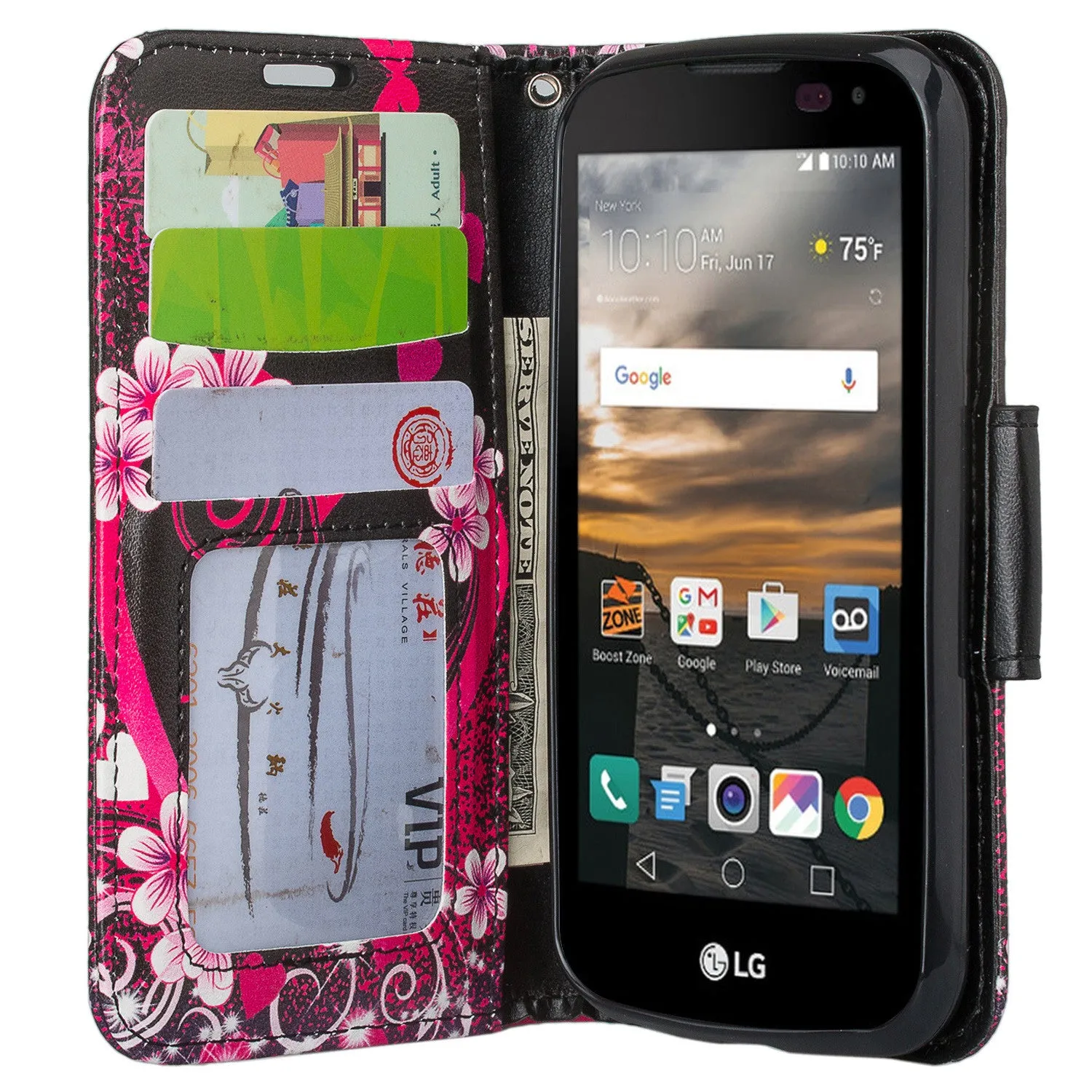 LG K3 Case,  Wrist Strap Pu Leather Magnetic Flip Fold[Kickstand] Wallet Case with ID & Card Slots for LG K3 - Heart Butterflies