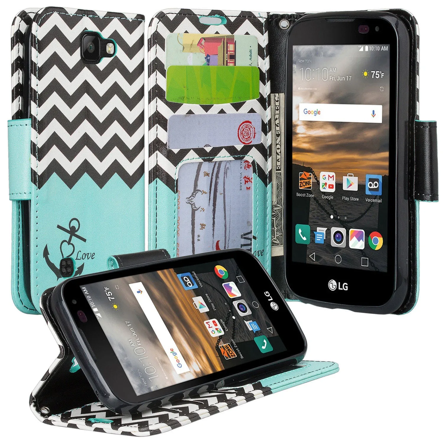 LG K3 Case,  Wrist Strap Pu Leather Magnetic Flip Fold[Kickstand] Wallet Case with ID & Card Slots for LG K3 - Teal Anchor