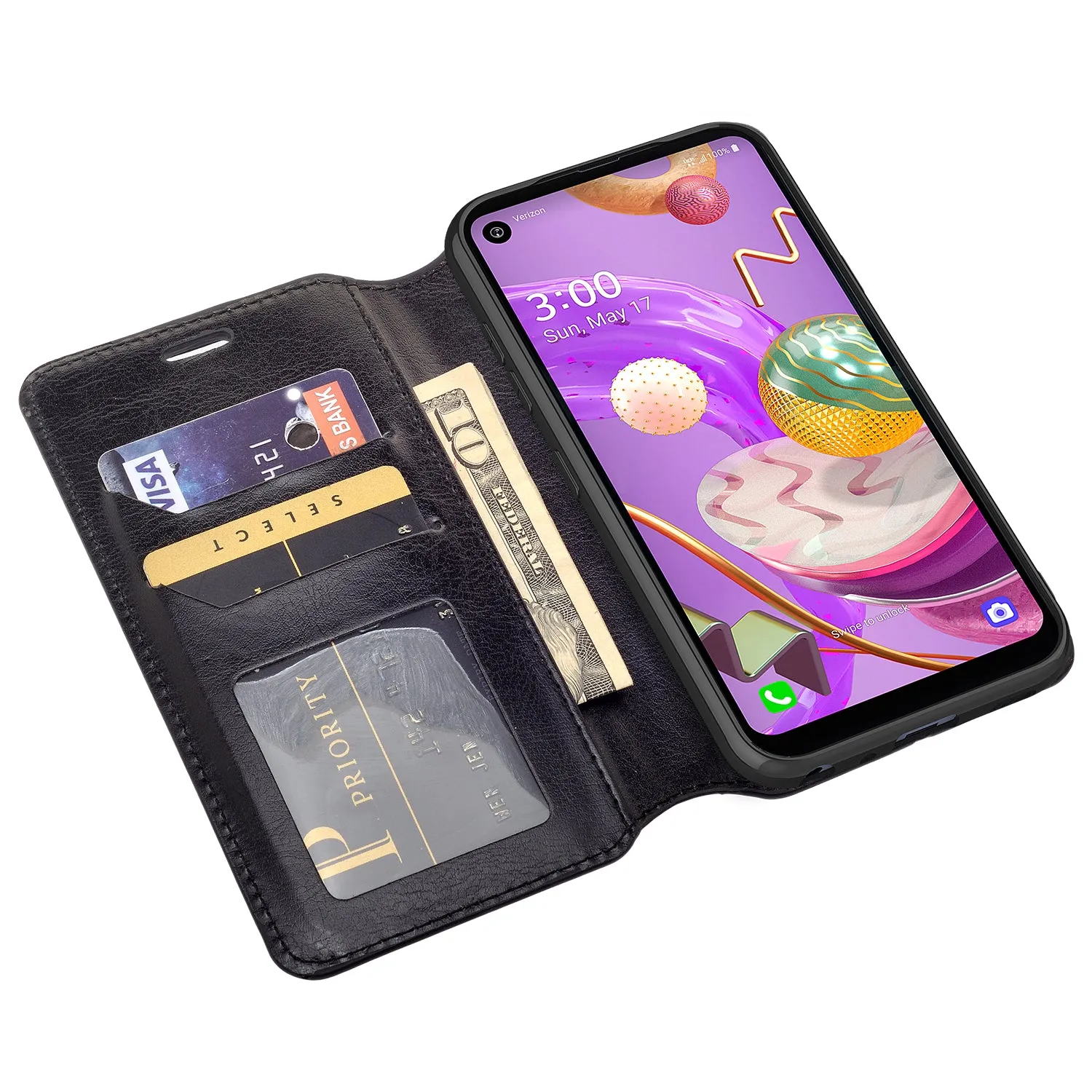 LG K51 Case, LG K51 Wallet Case, Pu Leather Wallet Case [Kickstand] with ID & Credit Card Slots for K51  - Black