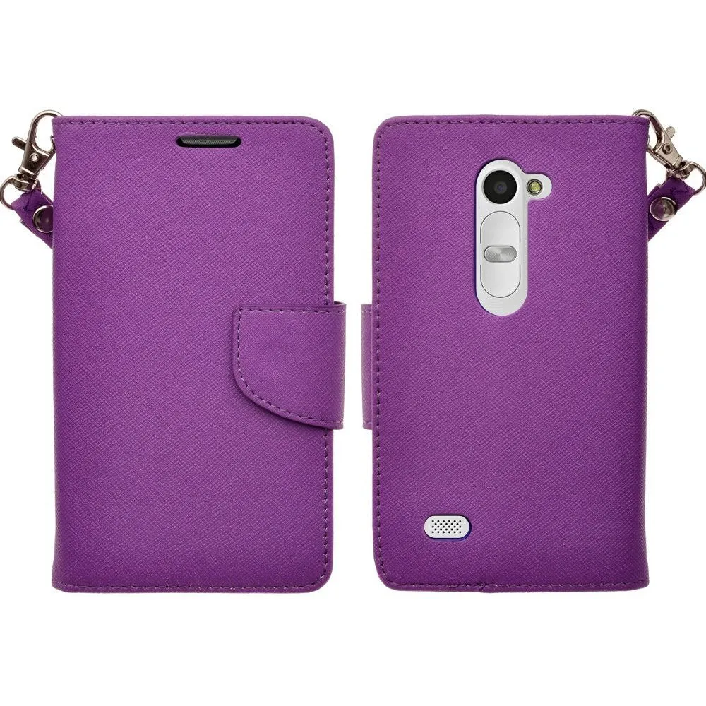 LG Leon LTE Case | Lg Tribute 2 Case | LG Power | LG Sunset | LG Destiny | LG Risio Case, Wrist Strap Flip Folio [Kickstand Feature] Pu Leather Wallet Case with ID & Credit Card Slots - Purple