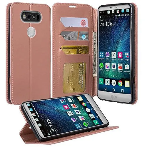 LG V20 Case, Pu Leather Magnetic Fold Wallet Case with ID & Card Slots for LG V20 - Rose Gold