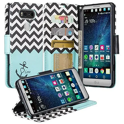 LG V20 Case, Wrist Strap Pu Leather Wallet Case with ID & Card Slots for LG V20 - Teal Anchor