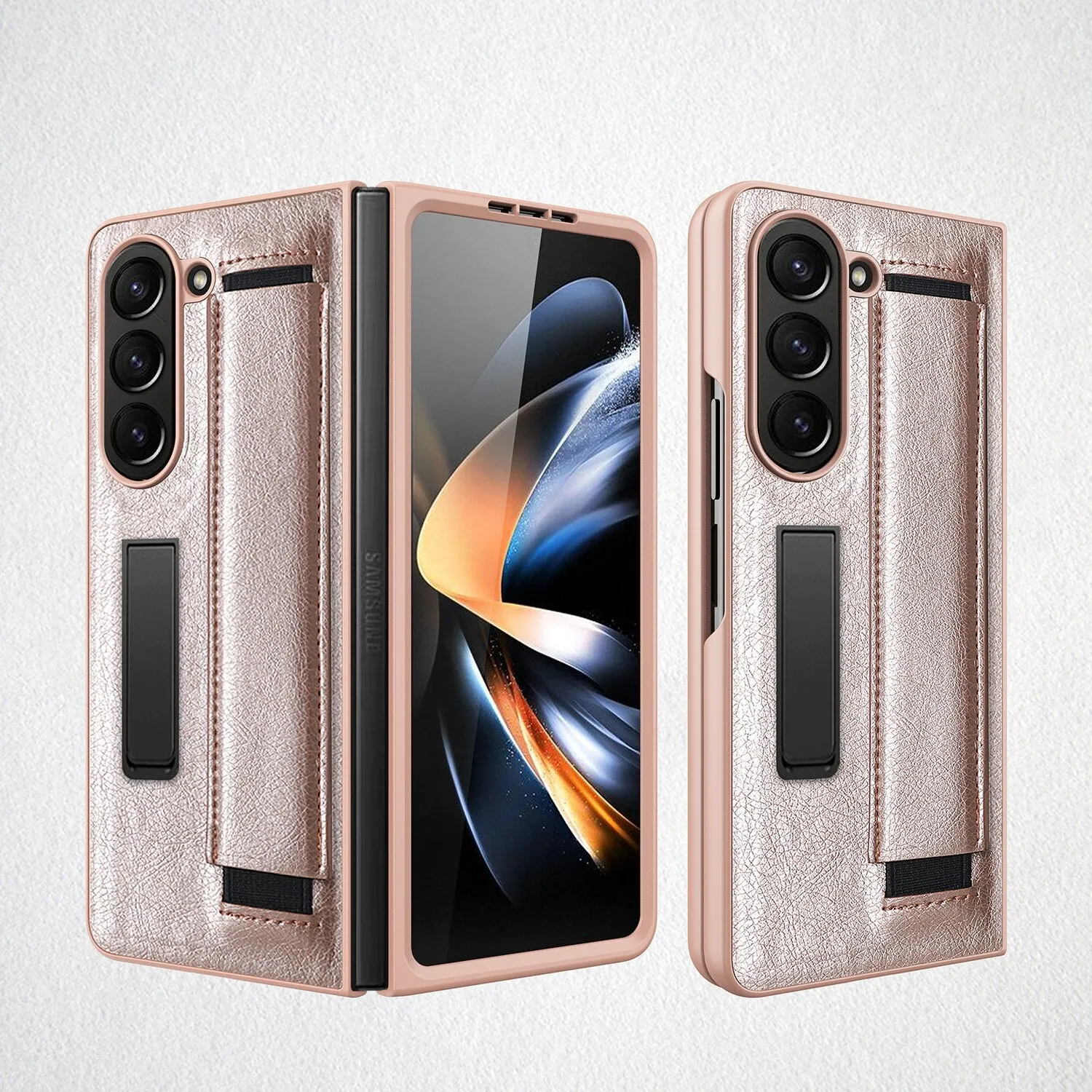 Lychee Pattern Leather Folding Phone Case With Shell Film Wrist Strap Bracket For Samsung Galaxy Z Fold 5