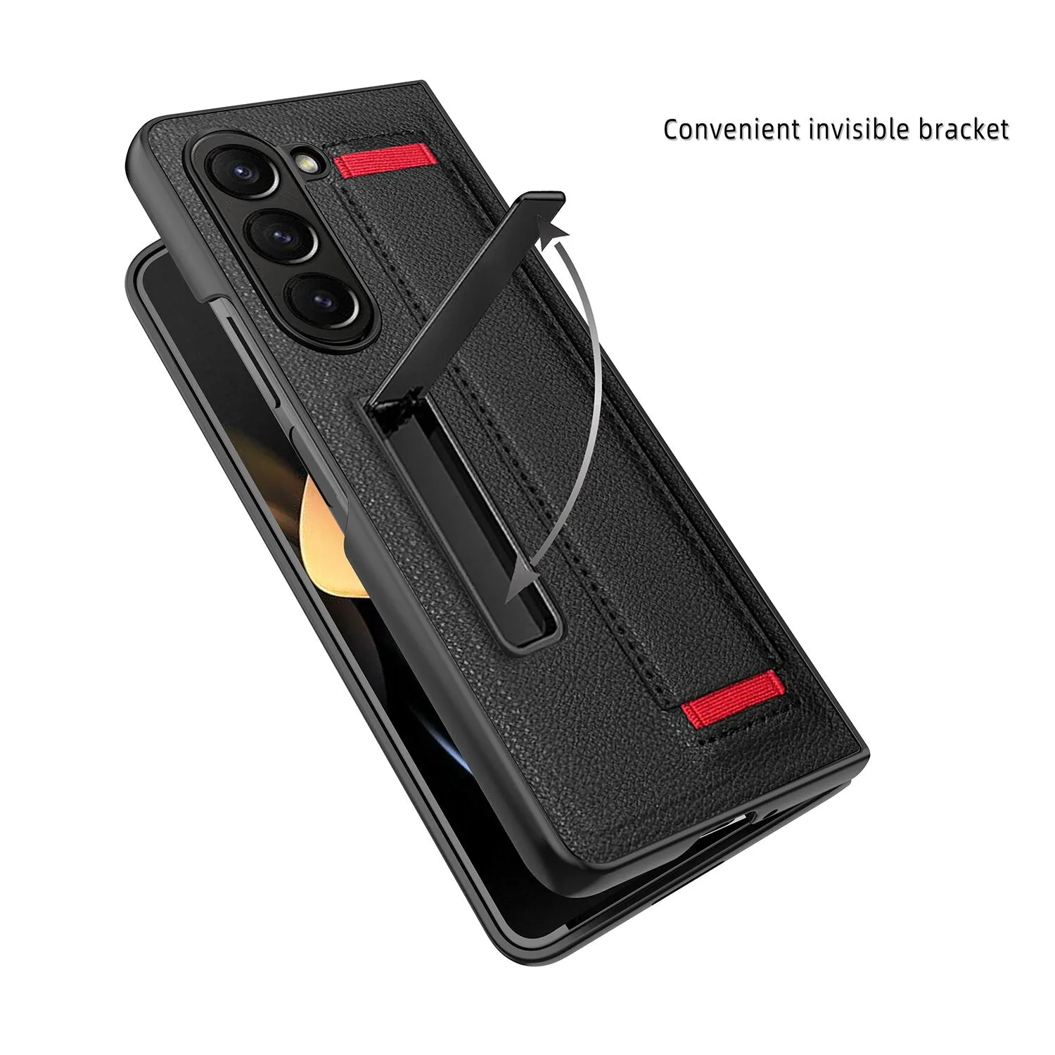 Lychee Pattern Leather Folding Phone Case With Shell Film Wrist Strap Bracket For Samsung Galaxy Z Fold 5