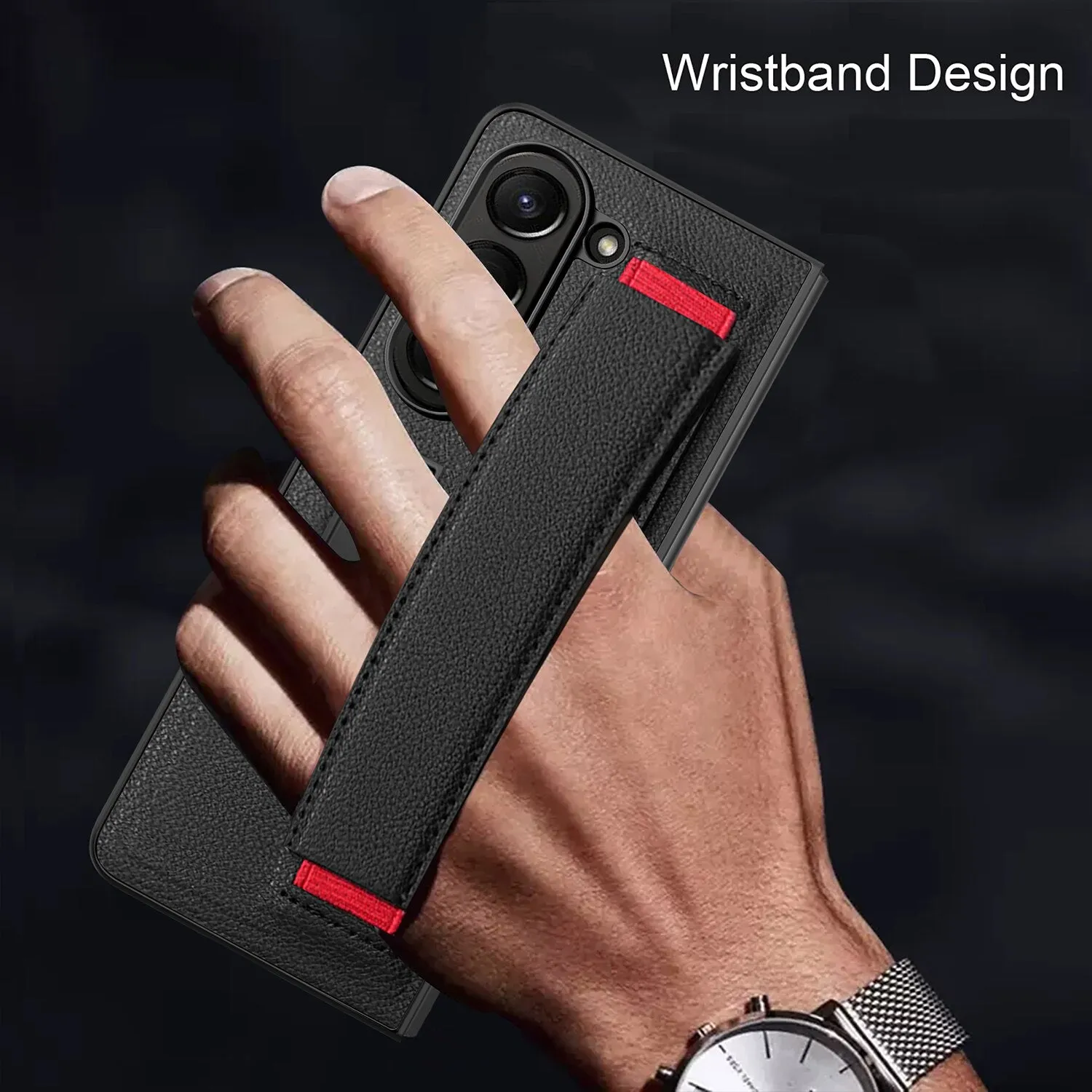 Lychee Pattern Leather Folding Phone Case With Shell Film Wrist Strap Bracket For Samsung Galaxy Z Fold 5