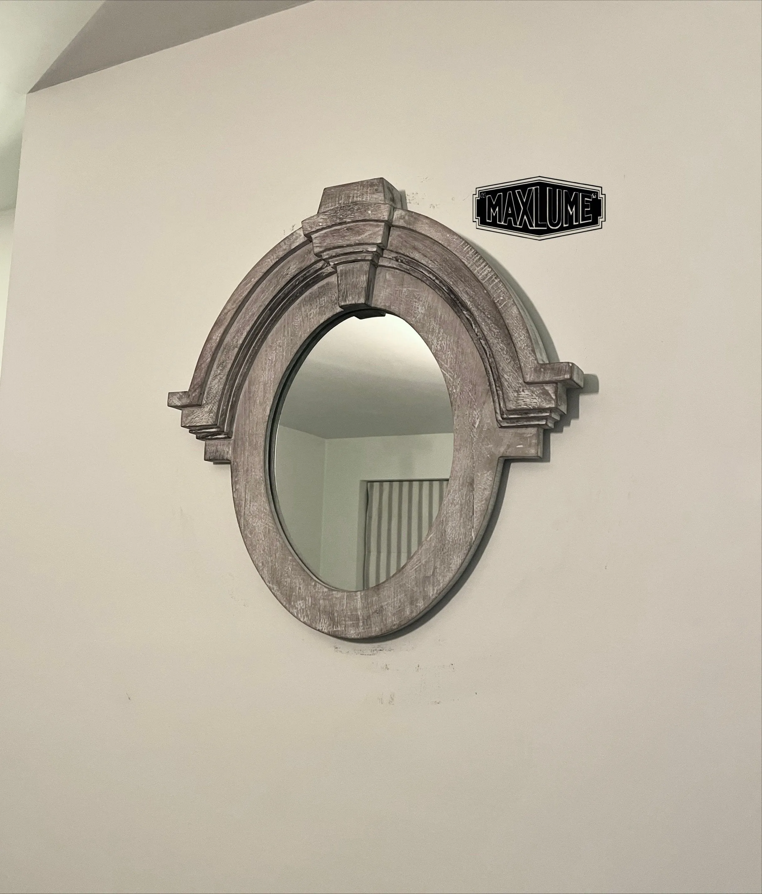 Maxlume ~ Mansard Arched Oval Mirror | Solid Wooden White Washed | Mango Wood | Gift Idea